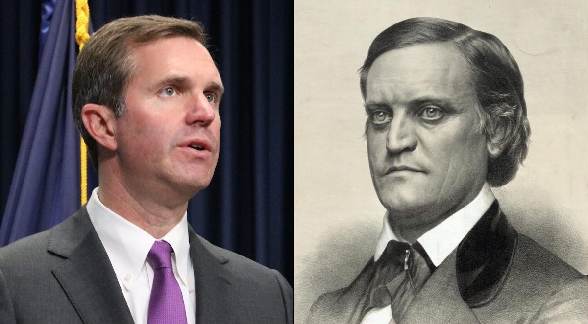 Other than political party and birthplace, Gov. Andy Beshear (left) and U.S. Vice President John C. Breckinridge appear to have little in common. Breckinridge was the Democratic Party’s nominee in 1860, losing to Republican Abraham Lincoln. Breckinridge went on to become a Confederate general. (Photo credits: Liam Niemeyer, of Kentucky Lantern, and National Endowment for the Humanities)