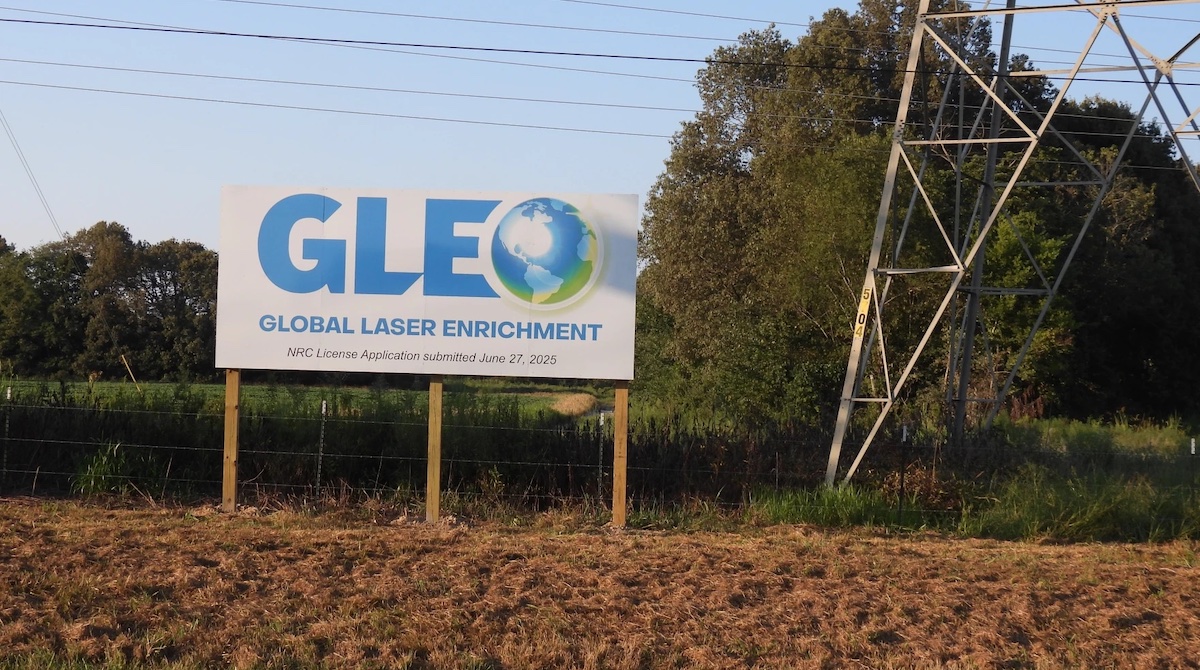 A sign in western McCracken County marks the property adjacent to the former Paducah Gaseous Diffusion Plant, where Global Laser Enrichment plans to build a first-of-its-kind laser uranium enrichment facility. (WKMS photo by Derek Operle)