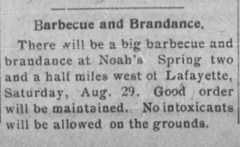 Newspaper notice advertising a barbecue and “brandance” at Noah’s Spring near Lafayette, Kentucky.