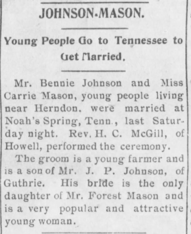 Newspaper clipping announcing the marriage of Bennie Johnson and Carrie Mason at Noah’s Spring, Tennessee