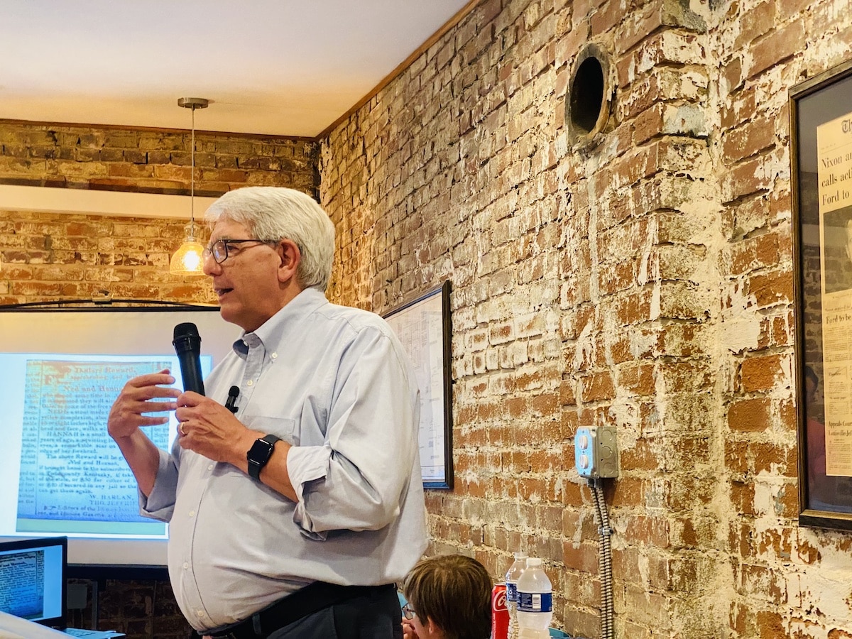 Wynn Radford presents a program about the Underground Railroad during History on Tap on Sept. 1, 2023, at Hopkinsville Brewing Co. (Hoptown Chronicle photo by Jennifer P. Brown)