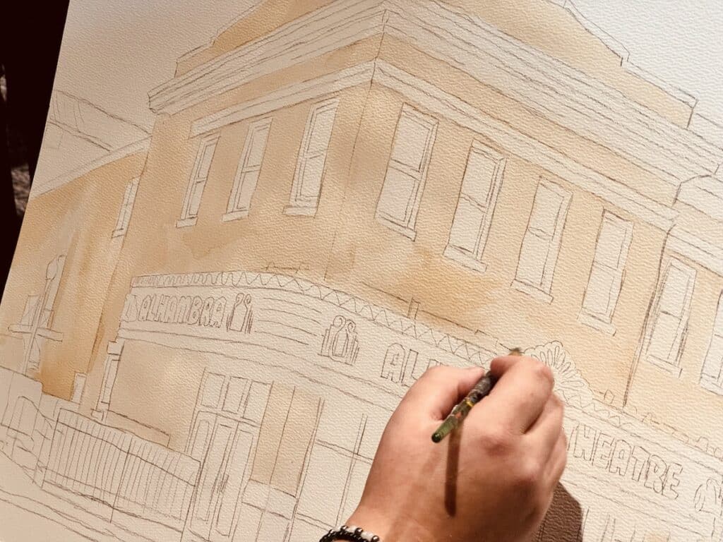hand painting sepia painting of alhambra theatre in hopkinsville