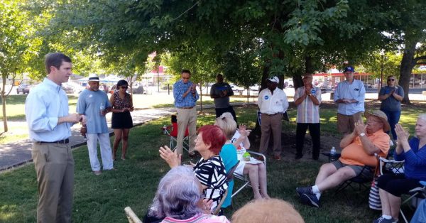 Kentucky Attorney General Andy Beshear, the Democratic candidate for governor, speaks to a group gathered Saturday, Sept. 14, 2019, at Virginia Park in Hopkinsville. (Photo by Cory Sharber, WKMS)