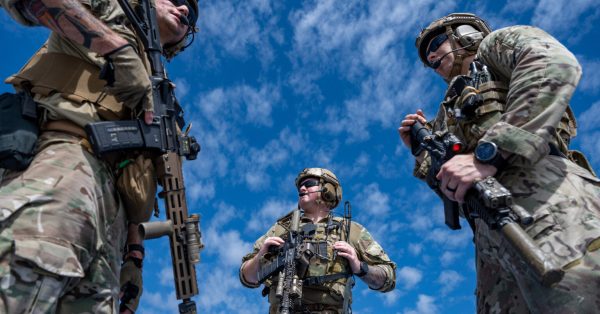 Air Commandos assigned to the 21st Special Tactics Squadron participate in an airfield establishment exercise at Hurlburt Field, Florida, Sept. 21, 2023. Members of the 21st STS jumped from an MC-130J to conduct the airfield establishment exercise during the 94th Joint Civilian Orientation Conference at Hurlburt Field. (U.S. Air Force photo by Airman 1st Class Hussein Enaya)