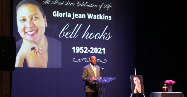 Hopkinsville Mayor Wendell Lynch serves as master of ceremonies during a celebration of life for his childhood friend Gloria Jean Watkins, who wrote under the pen name bell hooks, on Saturday, April 2, 2022, at the Alhambra Theatre. (Photo by Tony Kirves | Special to Hoptown Chronicle)