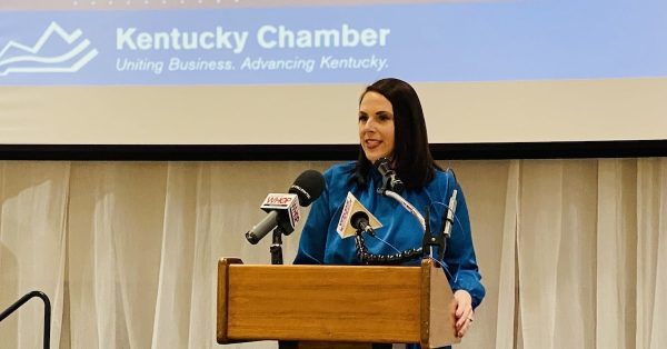 Ashli Watts speaking at a Christian County Chamber of Commerce eye-opener breakfast on Tuesday, Nov. 29, 2022, at the James E. Bruce Convention Center (Hoptown Chronicle photo by Jennifer P. Brown)