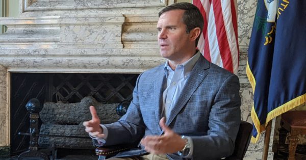 Gov. Andy Beshear during a Dec. 20, 2023, interview in the Capitol's State Reception Room. (Kentucky Health News photo)