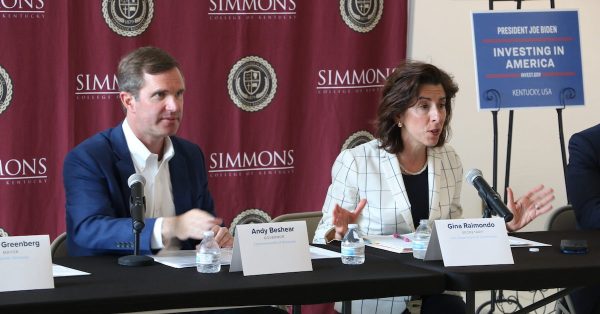 At a roundtable on Tuesday, June 27, 2023, at Simmons College, Kentucky Gov. Andy Beshear and U.S. Commerce Secretary Gina Raimondo discuss deployment of more than $1 billion in federal funds for broadband expansion in Kentucky. (Kentucky Lantern photo by Liam Niemeyer)