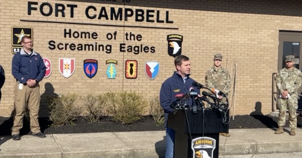 Gov. Andy Beshear makes at a statement Thursday morning during a press conference at Fort Campbell. (Screenshot)