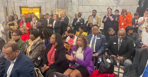 The crowd claps Thursday, Feb. 1, 2024, during a Black History Month Celebration in the Capitol Rotunda. (Kentucky Lantern photo by McKenna Horsley)