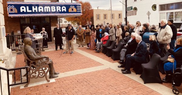 The ceremony on Monday, Dec. 4, 2023, to dedicate the statue of Kentucky Gov. Edward T. Breathitt, a Hopkinsville native, in front of the Christian County Courthouse. (Hoptown Chronicle photo by Jennifer P. Brown)
