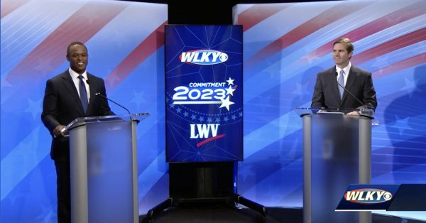 Republican gubernatorial candidate and Attorney General Daniel Cameron, left, and Democratic Gov. Andy Beshear, right, participate in a debate hosted by League of Women Voters of Louisville and WLKY. (Screenshot from WLKY)