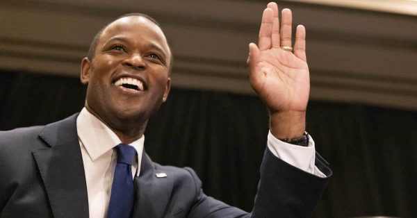 Daniel Cameron waves to the crowd during his election party on Tuesday, May 16, 2023, at the Galt House in Louisville. (Austin Anthony / for the Kentucky Kernel)