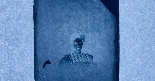 A glass negative, from the collection of Edgar Cayce's photography, as seen through a light table at Pennyroyal Area Museum. (Hoptown Chronicle photo by Jennifer P. Brown)