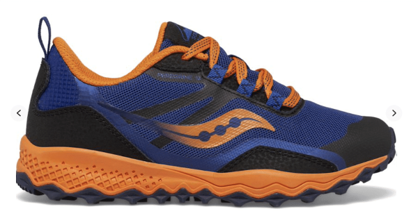 blue black and orange Saucony tennis shoes