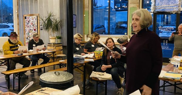 Constance Alexander leads the Poetry and Pints workshop Thursday at Hopkinsville Brewing. (Hoptown Chronicle photo by Jennifer P. Brown)