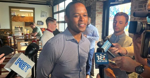 Attorney General Daniel Cameron, one of 12 GOP candidates for governor, speaks to reporters during a Friday stop in Frankfort. (Kentucky Lantern photo by McKenna Horsley)