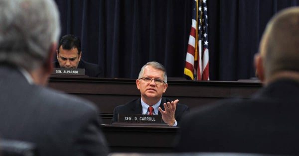 Sen. Danny Carroll, R-Paducah, questions officials from the Department of Medicaid Services concerning Senate Bill 5, a bill relating to pharmacy benefits in the Medicaid program, in the Senate Health and Welfare Committee on Feb. 4, 2021, in Frankfort. (LRC Public Information Office photo)