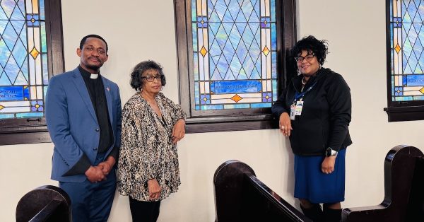 In the sanctuary of Freeman Chapel CME Church (from left), the Rev. Benjamin G. Lewis, associate preacher, long-time member and church historian Patsy Moore and the Rev. Lisa Balboa, senior pastor. (Hoptown Chronicle photo by Jennifer P. Brown)