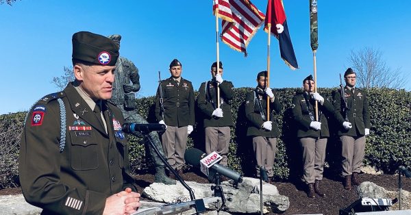 Col. James C. Stultz, commander of the 2nd Brigade Combat Team at Fort Campbell, speaks Tuesday, Dec. 12, 2023, at the Gander memorial service in Hopkinsville. (Hoptown Chronicle photo by Jennifer P. Brown)