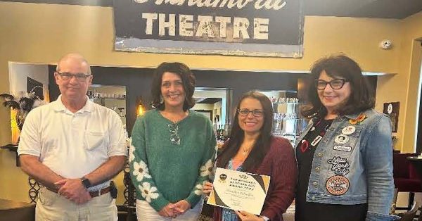 Participants in the presentation of the Barbara Gardner Art Award for a teacher are (from left) Mark Gardner, Amy Berry, Heather Winkler and Margaret Prim, executive director of the Pennyroyal Arts Council. (Photo provided)