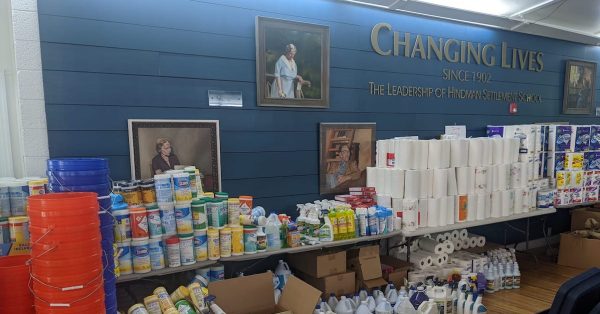 Cleaning supplies line tables and floor space inside the Hindman Settlement School after historic levels of flooding in the Eastern Kentucky community in August 2022. (Hindman Settlement School Facebook photo)