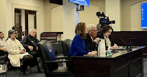 From left, Auditor Allison Ball, Sen. Stephen Meredith, R-Leitchfield, and Lorran Hart Ferguson, the auditor’s chief of staff, address legislative committee, Feb. 27, 2025. (Kentucky Lantern photo by Sarah Ladd)