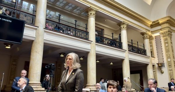 Sen. Shelley Funke Frommeyer, R-Alexandria, discusses her resolution to establish a Make America Healthy Again Kentucky Task Force to implement the Trump administration’s health policies. Feb. 27, 2025. (Kentucky Lantern photo by Sarah Ladd)
