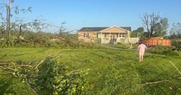 The tornado destroyed out buildings and damaged the roof and windows of Tabatha Adams’ home in Hopkins County. (Courtesy of Tabatha Adams)