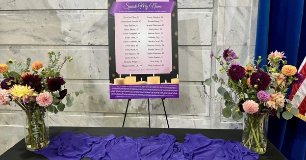 A list of Kentuckians who have died because of domestic violence, ranging in age from 19 to 73. (Kentucky Lantern photo by Sarah Ladd)