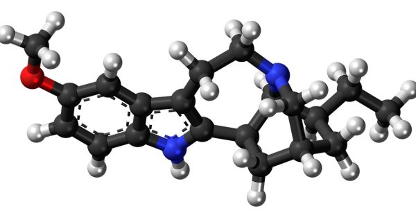 Ball-and-stick model of the ibogaine molecule, a naturally occurring psychedelic drug. (Public domain image)