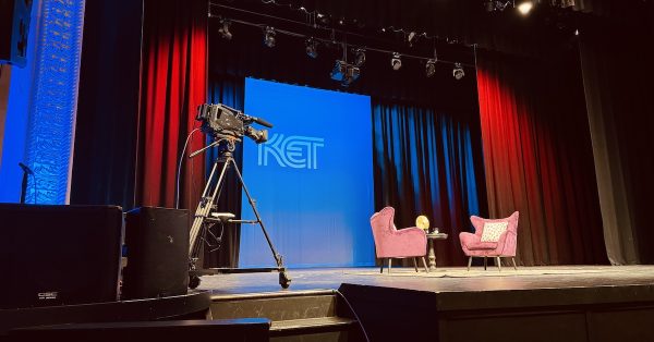 The Alhambra Theatre stage set for a Kentucky Educational Television interview on Wednesday, June 19, 2024. (Hoptown Chronicle photo by Jennifer P. Brown)