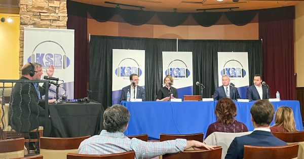 Republican gubernatorial candidates Mike Harmon, Kelly Craft, Ryan Quarles and Alan Keck attend the Kentucky Sports Radio debate. (Kentucky Lantern photo by McKenna Horsley)