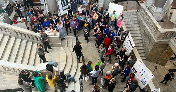 Protesters rallied at the foot of the Kentucky House steps March 2, 2023, in support of LGBTQ rights. (Kentucky Lantern photo by McKenna Horsley)