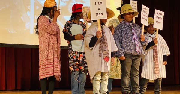 Students portray civil rights protestors from the 1960s during a program, entitled "Don't Forget to Remember," written and directed by Paulette Nance Robinson for the Martin Luther King Jr. Day program Monday at Hopkinsville Community College. (Hoptown Chronicle photo by Jennifer P. Brown)