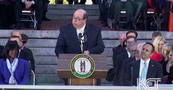 Mac Brown speaks at former Gov. Matt Bevin's inauguration in 2015, just after he was elected chairman of the Republican Party of Kentucky. Bevin also tapped Brown to lead his 21-person transition team. (KET screenshot)