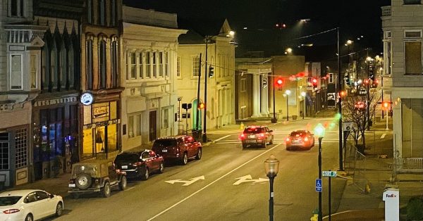 A night view of Main Street looking south from the Alhambra Theatre. (Hoptown Chronicle photo by Jennifer P. Brown)