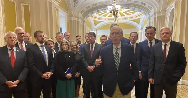 U.S. Senate Minority Leader Mitch McConnell, a Kentucky Republican, speaks with reporters about a stopgap government funding bill inside the U.S. Capitol on Saturday, Sept. 30, 2023. (Jennifer Shutt/States Newsroom)