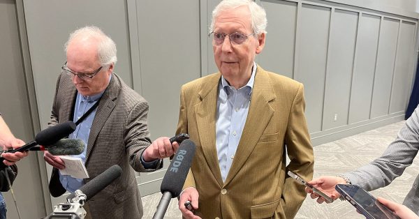 U.S. Senate Republican Leader Mitch McConnell takes questions from reporters after an event Wednesday, April 3, 2024, in Shelbyville. (Kentucky Lantern photo by McKenna Horsley)