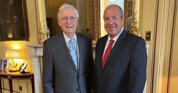 U.S. Sen. Mitch McConnell (left) stands with former Lyon County Judge-Executive Wade White after introducing him to the U.S. Senate Subcommittee on Clean Air, Climate, and Nuclear Safety. (Photo provided by McConnell’s office)