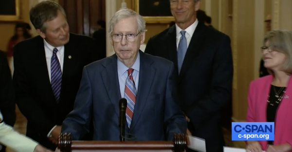 U.S. Sen. Mitch McConnell at a GOP press conference on Wednesday, July 26, 2023. McConnell stopped in mid-sentence and was later escorted away by a colleague. (C-SPAN screenshot)