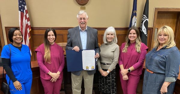 Advanced practice registered nurses (from left) Candice Perkins, Amy Wells, Helen Cayce, Ellery Naghtin and Autumn Triplett stand with Christian County Judge-Executive Steve Tribble for a proclamation presentation Wednesday at the courthouse. (Photo provided by Jennie Stuart Health)