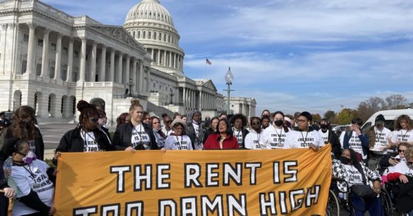 U.S. Rep. Pramila Jayapal, a Washington Democrat and the chair of the Progressive Caucus, speaks at a press event, joining about 100 tenant advocates to call on the Federal Housing Finance Agency to bolster tenant protections and rent regulations on Wednesday, Nov. 15, 2023. (Samantha Dietel | States Newsroom)