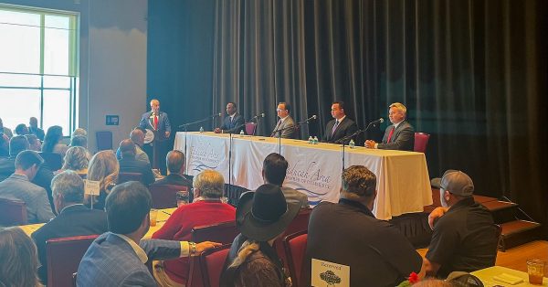 Republican gubernatorial candidates Daniel Cameron, Mike Harmon, Alan Keck and Ryan Quarles at a policy forum hosted Tuesday by the Paducah Area Chamber of Commerce. (Kentucky Lantern photo by McKenna Horsley)