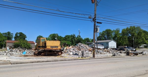The former Price drug store building, heavily damaged in the December 2021 tornado outbreak, has been demolished and the site will be used for a new fire department. (Photo by Dustin Wilcox, WKMS)
