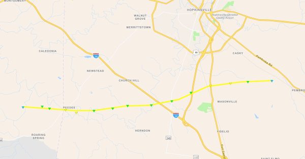 A National Weather Service map shows the path of an EF-2 tornado on Sunday, May 26, 2024, that traveled from southeast of Cadiz in Trigg County to just northwest of Pembroke in Christian County.