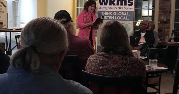 Julia Laffoon-Jackson reads her version of "Where I'm From" during Hoptown Chronicle's "Homegrown Poems," Oct. 21 at The Corner Coffeehouse. The event, co-sponsored by WKMS, was presented in support of the Hopkinsville Big Read. (photo by Jennifer P. Brown)