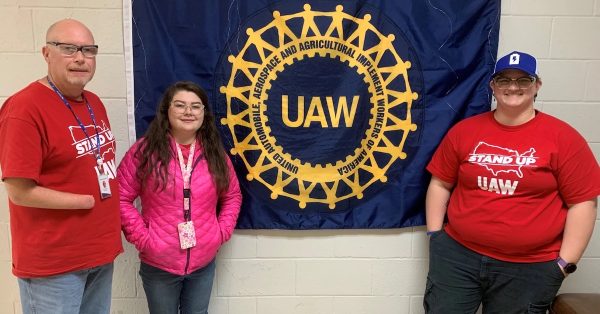 BlueOval SK workers Bill Wilmoth, Alisha Miller, and Halee Hadfield are helping lead the organizing effort at the Glendale, KY EV battery plant. (WKU Public Radio photo by Lisa Autry)