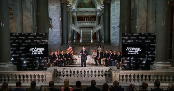 Gov. Andy Beshear speaks during an economic development announcement with state officials and representatives of Envision AESC in the Kentucky Capitol on Wednesday, April 13, 2022. (Photo from Gov. Beshear's Facebook page)