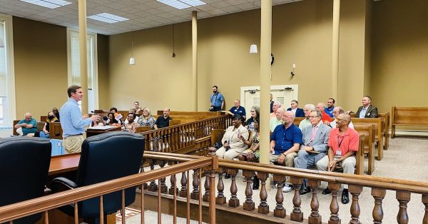 Gov. Andy Beshear speaks at the Christian County Courthouse, where he announced on Monday, Aug. 1, 2022, that Ascend Elements Inc. plans to invest $310 to build a plant in Hopkinsville. (Photo by Jennifer P. Brown)